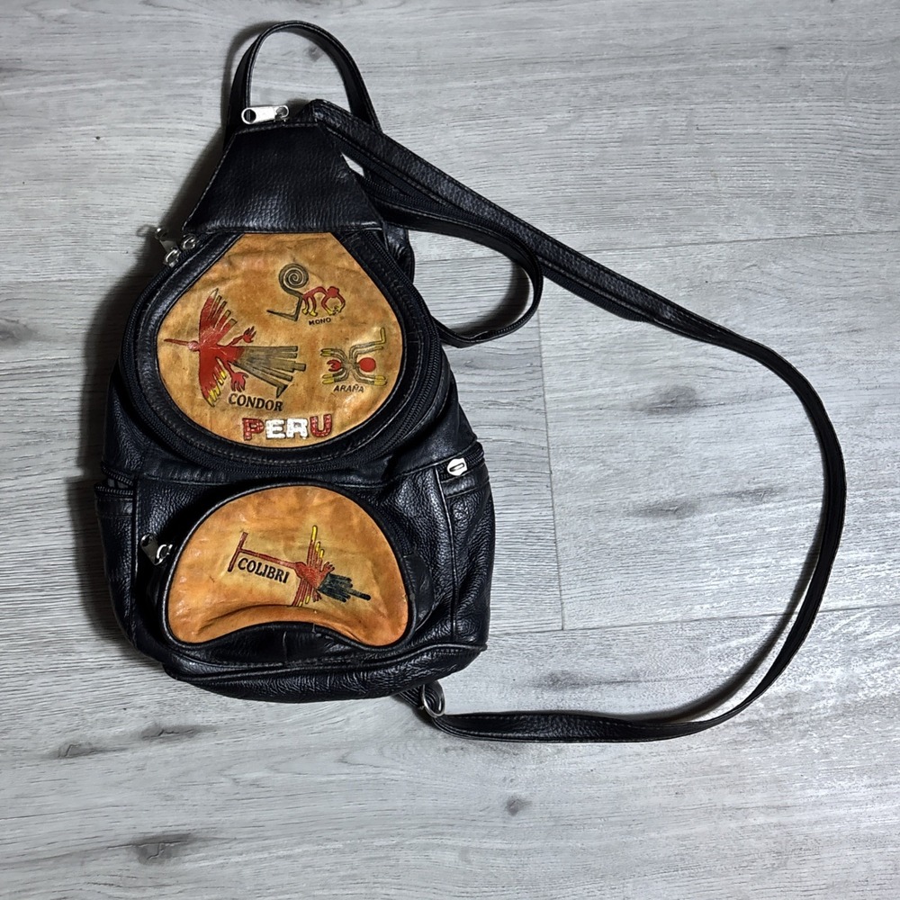 Vintage Peru Leather Backpack Hand Painted Condor Inca‎ Symbols Small Daypack